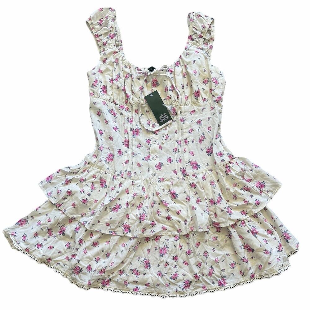 Wild Fable Women's Size S White Pink Floral Tiered Ruffle Mini Dress NWT
